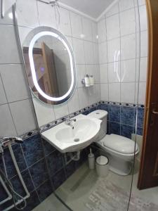 佩奇Pejë的一间带水槽、卫生间和镜子的浴室