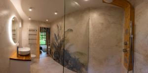 Satori Lounge的带淋浴的浴室和玻璃门