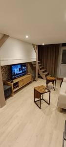 凯恩Antares - SILS --- 2 chambres séparées en mezzanine的客厅配有电视、沙发和桌子
