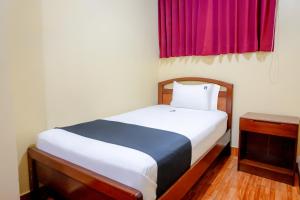 齐克拉约Hotel Italia II的一间卧室配有一张床和一个带紫色窗帘的窗户