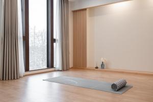 二世古Villa Yin Niseko的地板上的瑜伽垫,带窗户的房间