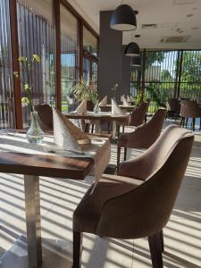 奥斯威辛奥莱奇酒店的用餐室设有桌椅和窗户。