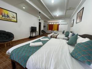 圣胡安Villa Apolonia Resort的一间带两张床的卧室和一间客厅