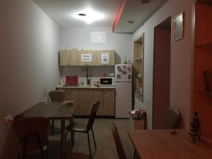 第比利斯Kargi Youth Hostel的一间带桌子和冰箱的小厨房