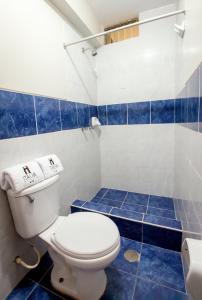 齐克拉约Hotel Italia I的蓝色和白色的浴室设有卫生间和蓝色瓷砖