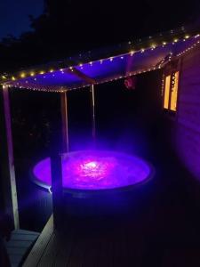 莫维尔Luxury log cabin with wood fired hot tub的房屋内带灯的紫色热水浴池
