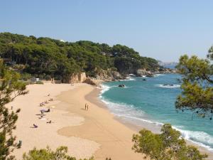 帕拉莫斯Greenchalets Costa Brava Palamos的一片沙滩上的人躺在沙滩上,在海洋上