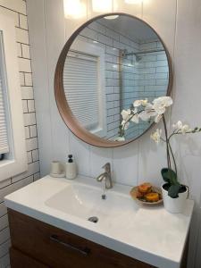罗克雷治Shares Courtyard Luxury Apt - NEW!的浴室水槽设有镜子和花瓶