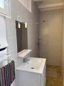 Saint-Honoré-les-BainsCamping des Bains的白色的浴室设有水槽和镜子