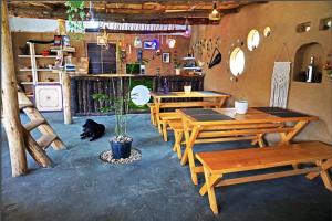 比尔瓦Crazy Cub Camp - A Luxury Campsite的一间设有木桌和盆栽的用餐室