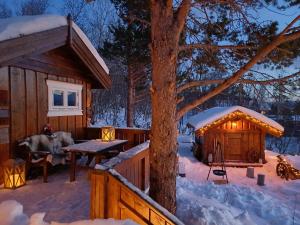MestervikMalangen Lodge的雪地小屋,配有野餐桌和一棵树