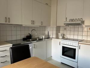 布罗斯LHM的厨房配有白色橱柜、水槽和炉灶。