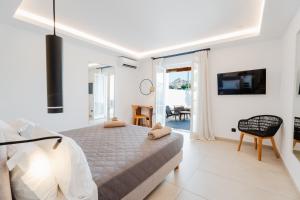 克洛瓦斯Oliving Mykonos Luxury Suites的一间白色卧室,配有床和电视