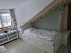 拜尔里舍艾森施泰恩Haus Kuchler的一间小卧室,配有一张带楼梯的床