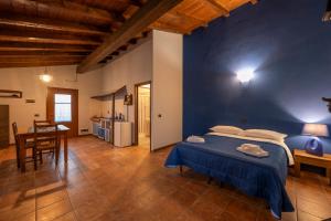CasinaAgriturismo di Sordiglio的一间卧室配有一张床铺和一张桌子,还设有一间厨房