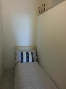 圣雷莫Appartamento Trento Trieste的小卧室配有带蓝色和白色枕头的床
