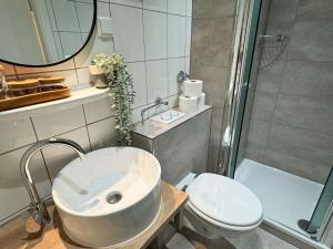 埃森Schöne Ferienwohnung im Zentrum mit Self Check-In und Free Wifi的一间带水槽、卫生间和淋浴的浴室
