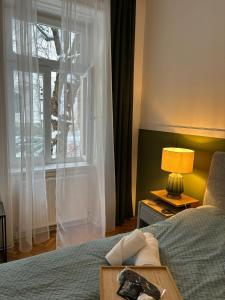 维也纳Apartment 5 min Schönbrunn Gloriette, Direct to City Center, Free Parking的酒店客房设有床和窗户。