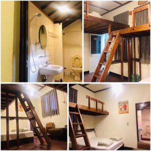 埔里埔里小镇欧式民宿的带双层床的房间的三张照片