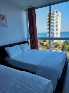 普拉亚科罗纳多Apartamentos en Playa Coronado的一间卧室设有两张床和大窗户