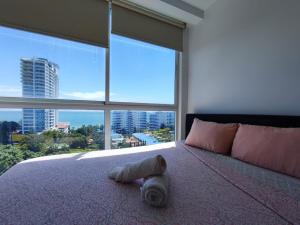 普拉亚科罗纳多Apartamentos en Playa Coronado的一间卧室设有一张大床和大窗户