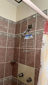 拉塞瓦Vacation Home La Ceiba的一间带淋浴的浴室和瓷砖墙