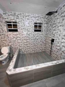 卡斯特里Nature World St.Lucia的一间带浴缸和卫生间的浴室