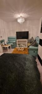 纽黑文Trundle bed- with office desk, small room的客厅配有两把椅子和吊灯