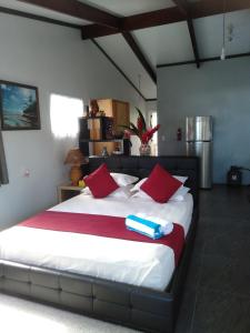 阿罗朗吉Te Moana Nui Villas的一间卧室配有一张带红色枕头的大床