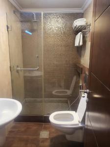 安曼阿哈蒂尔酒店的带淋浴、卫生间和盥洗盆的浴室