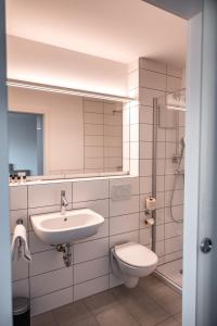 赫伦贝格Hotel am Schlossberg的一间带水槽、卫生间和镜子的浴室