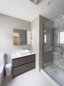 奥克兰Murphys Guest Home的一间带水槽、淋浴和卫生间的浴室