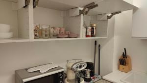 米兰Treehouse Milano的厨房配有白色橱柜和餐具柜
