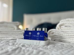 维纳利亚瑞勒Casa Del Caval Bianco的床上的一瓶牙膏和毛巾