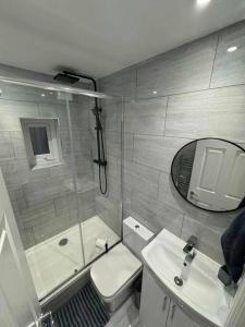 伦敦Modern 5 Bed near ExCel -Big Ben的带淋浴、卫生间和盥洗盆的浴室