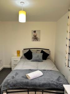 ParksideLovely Town house Room 4的一间卧室配有一张带毯子和灯的床