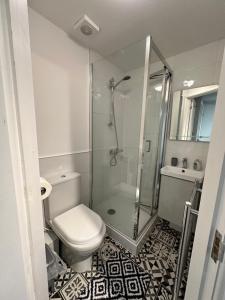 ParksideLovely Town house Room 5的一间带卫生间和玻璃淋浴间的浴室