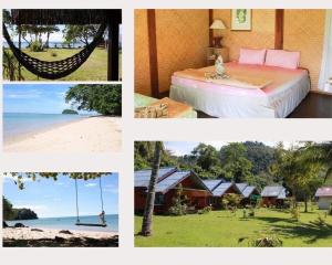 利邦岛Libong Garden Beach的一张床铺和海滩的度假村图片拼贴