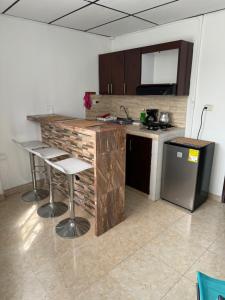 佩雷拉Acogedor apartaestudio ubicado en la zona rosa de Pereira的厨房配有柜台、水槽和冰箱。