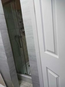 普雷斯顿Amarillys Guest House的浴室里设有玻璃门淋浴