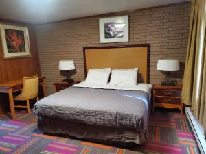 芒廷霍姆Thunder Bird Motel的一间卧室配有一张床、两张桌子和两盏灯。