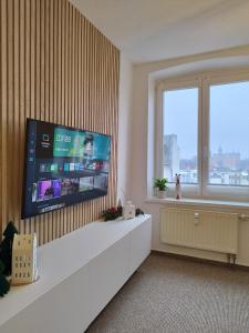 什未林Schlossblick - Modernes & zentrales Apartment mit Balkon und Arbeitsplatz的客厅设有壁挂式平面电视。