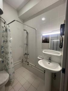 迪拜GUEST INN HOTEL的一间带水槽和淋浴的浴室