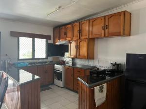 南迪Ziara Apartments的厨房配有木制橱柜和炉灶烤箱。