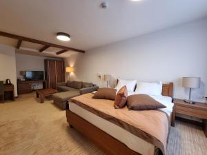 亚霍里纳Apartman Queen Vučko的一间卧室配有一张大床和一张沙发