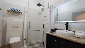圣佩德罗拉拉古纳luxury atitlan suites的带淋浴、盥洗盆和卫生间的浴室