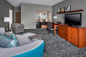 纽瓦克万怡纽瓦克自由国际机场酒店的酒店客房设有一张沙发和一张带电视的书桌。