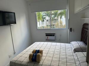 里约热内卢Excelente apartamento a 5 minutos da praia e shopping的一间卧室设有一张床、电视和窗户