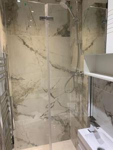 CarshaltonApartment C, a one bedroom Flat in south London的浴室里设有玻璃门淋浴