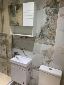 CarshaltonApartment C, a one bedroom Flat in south London的浴室配有白色卫生间和盥洗盆。